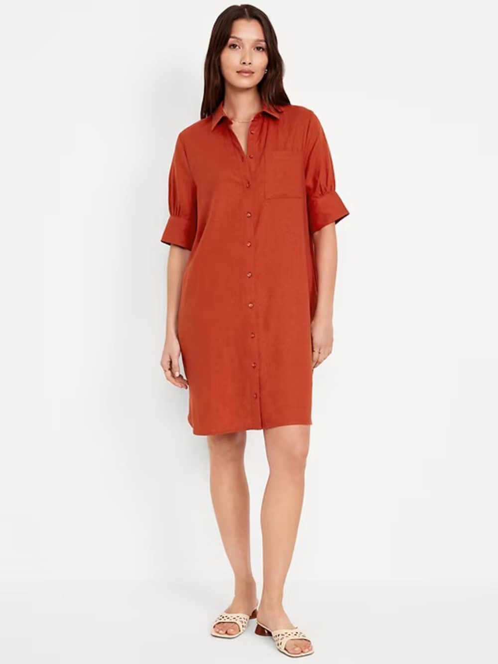 NWT Old Navy Button-Front Linen Midi Shirt Dress in Rust